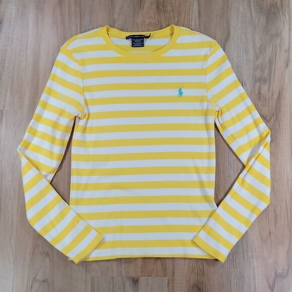 🔹️Ralph Lauren Sport Yellow & White Striped Long Sleeve Top Medium - Picture 1 of 7